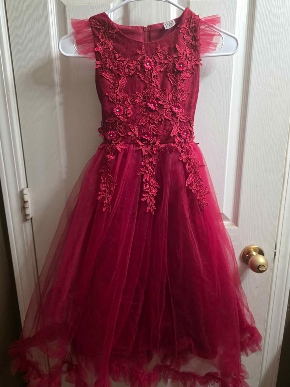 Girls Red Floral Appliqué Tulle Gown